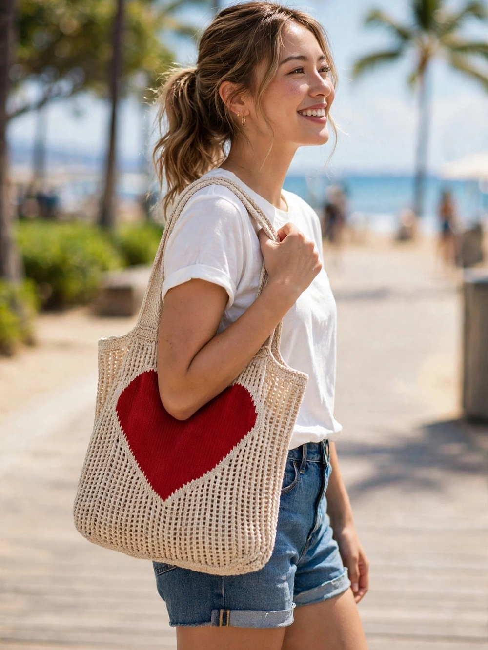 Cream Knit Tote Bag with Red Heart